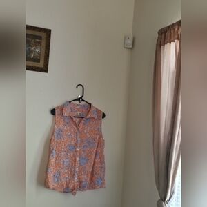 Talbots Blouse Women Large Orange and Blue Floral Tunic Rodeo Cowgirl Western